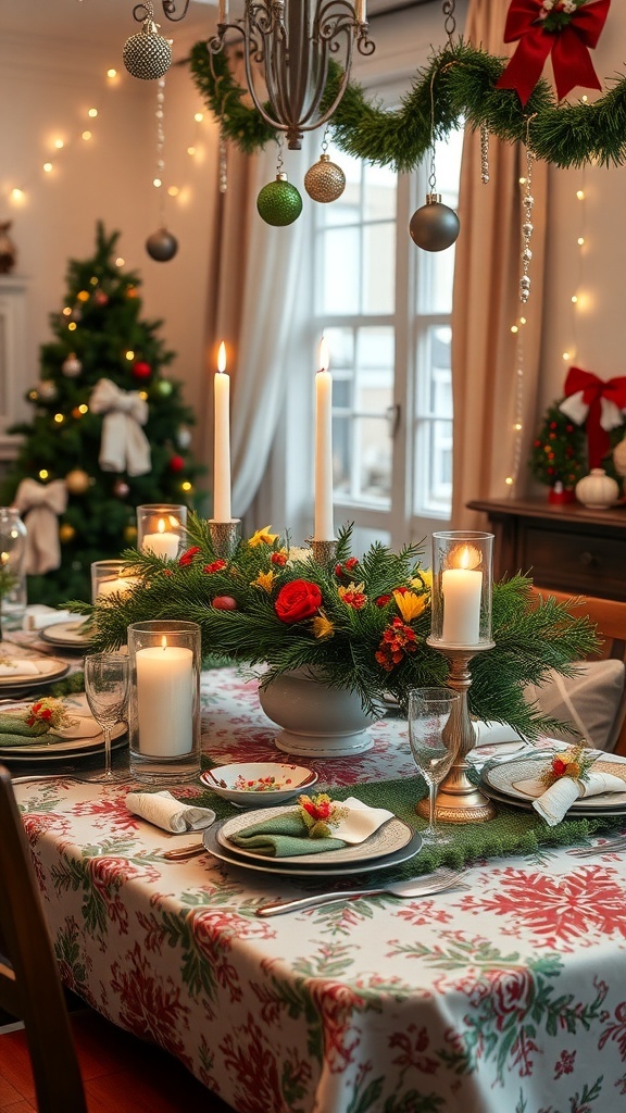 Christmas Table Decoration Ideas for Your Home A festive Christmas table setting with candles, evergreen centerpiece, and colorful ornaments.